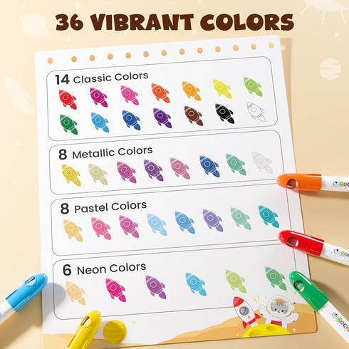 36 JUPITEARTH Colors Tempera Paint Sticks, Washable Rocket Paint Sticks for Kids, Non-Toxic and Quick Drying
