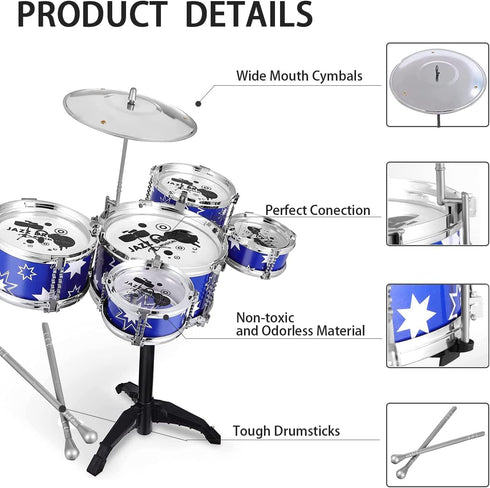 Beenavee Set,Jazz 5 Set,Toddler Set Kids Drum Drum Musical Toys, Drum with Stool Mini Band Rock Educational Percussion