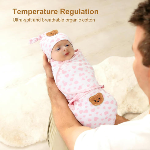0-3 Set Organic Cotton Baby Swaddle Sleep Sack Months - w/Swaddle Blanket, Hat & Headband, Soft Breathable