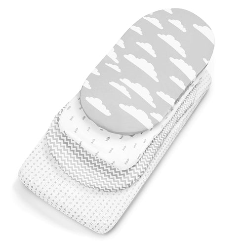 BaeBae Goods Set 4 Pack 100% Premium Bassinet Fitted Sheet - Jersey Knit - Grey and White - Chevron Pattern - Standard