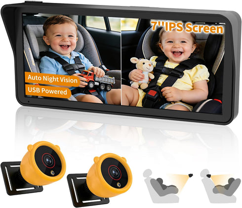 KOUENOM Baby Car Camera for 2 Kids, 7" Ultrawide Split Screen, 1080P Dual