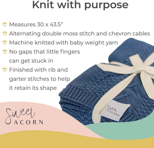 Organic Cotton Knit Baby Blanket - Cable Pattern for Crib or Stroller in Bay Blue