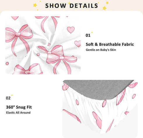 CZXW 52" 28" Pink Bows Hearts Crib Sheets Fitted x Natural Cotton Soft & Breathable for Baby Crib Mattress