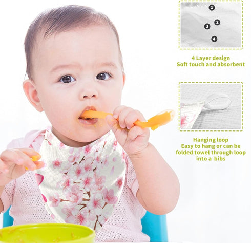 Nander 3Pack Baby Muslin Washcloths,Cherry Blossoms and Bows Soft Face Cloths for Newborn, Absorbent Bath Wash Cloths