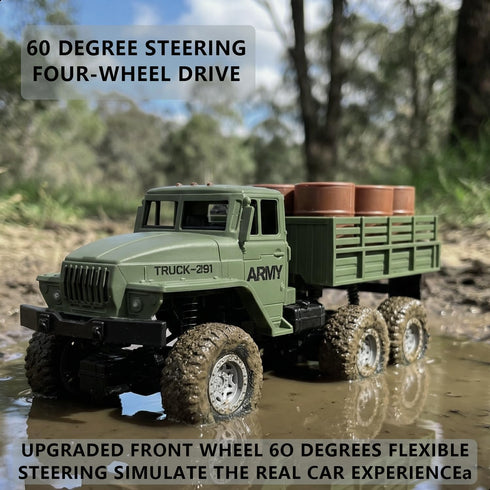 1:18 50 2.4Ghz 4WD RC Military Truck with Cans, Min Playtime Remote Control Car, Off-Road Vehicle, All Terrain Toy