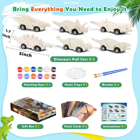 faentwc Dinosaur Painting Toys for Kids 5-7: 2 in 1 Dino Arts Painting Kits and Pull Back Cars Toy for Boys and Girls