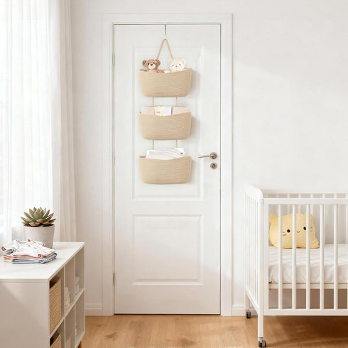 3-Tier Dahey Over The Door Hanging Basket Woven Boho Wall Mounted Storage Organizer with Hooks for Bedroom Nursery