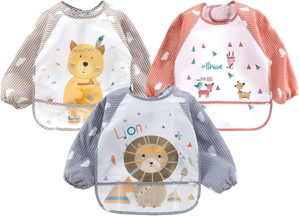 YINGJEE Waterproof Baby Bibs, 3 Pieces Bib with Sleeves EVA Long Sleeve Bib