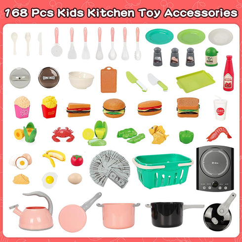 168Pcs Set, Playset Kids Play Kitchen Accessories Toy Pretend Cooking Food with Induction Cooktop, Pot, Pan, Utensils