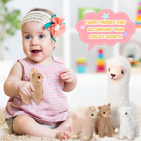 Llama Stuffed Animals Plush Set with 4 Baby Llamas, Cute Alpaca Soft Pillow Dolls for Kids Girls Birthday Gifts