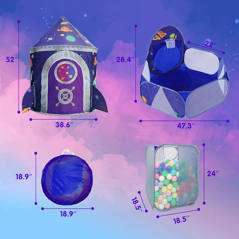 3pc Space Ship Kids Play Tent, Crawl Tunnel, Ball Pit for Toddlers, Indoor Outdoor Playhouse for Ages 3-7