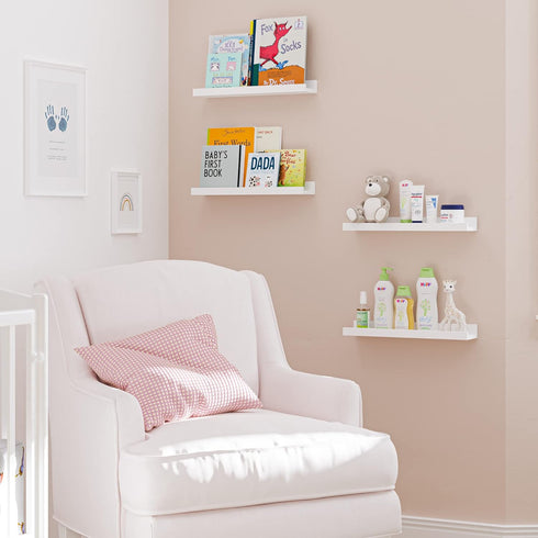 Set 4 Wallniture Denver Floating Shelves for Kids Room Decor, White Wall Bookshelf for Picture Frames, Kids Room