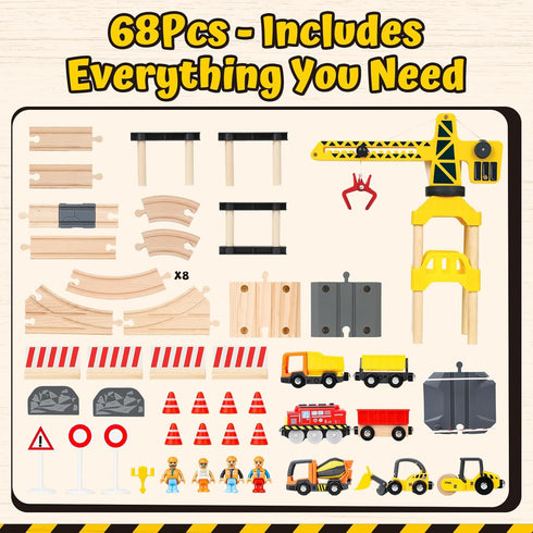 68PCS Set Set 2-4, Playset 3 Lehoo Castle Wooden Train - Toy Train for Toddlers Wooden Train Track for Kids w/Crane