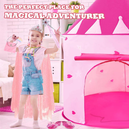 WTOR Princess Castle Play Tent Dress Up with LED Glow Stars, 15Pcs Cape & Crown for Girls, Indoor & Outdoor Use (Pink)
