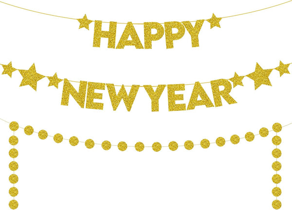 KatchOn Gold Happy New Year Banner - Pre-Strung 10 Feet Banner, 13 Feet Garland for 2025 Party Supplies