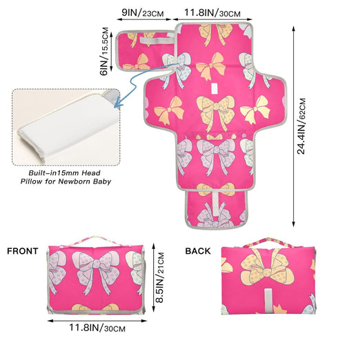 Jihqo Diaper Changing Pad Bows Pink Portable Diaper Mat with Built-in Pillow Travel Changing Station for Baby