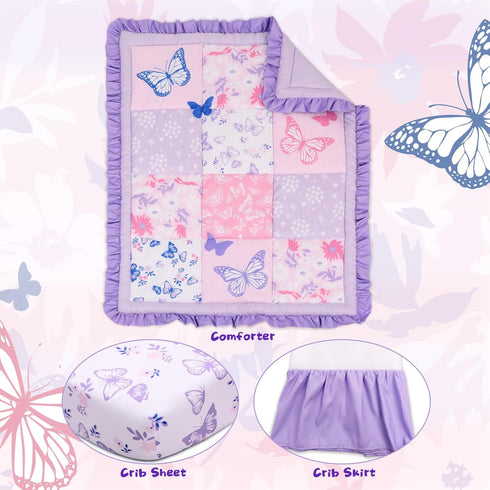 Set 3 Set Set Cloele Crib Bedding for Girls, Pieces Floral Butterfly Baby Bedding -Includes Comforter Fitted Sheet Crib