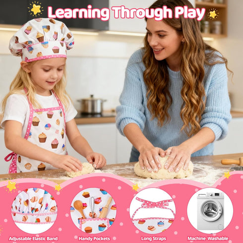 MEIDAYAI 11 Set 3-8, PCS Kids Baking for Girls, Chef Costume with Adjustable Apron & Hat, Pretend Play Kitchen Toys