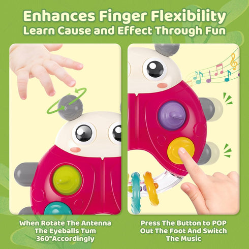 SURDOTE 3-6-12-18-24 Ladybug Baby Light Up Toys with Rattle Led Light Music, Interactive Educational Fine Motor