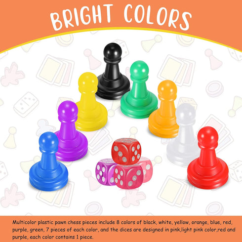 60 Pieces Board Game Pieces Multicolor Plastic Pawn Chess Pieces Components Table Markings 6 Sided Game Dice for Board Games Assorted Pawn Tabletop Pieces Game Replacement Pieces