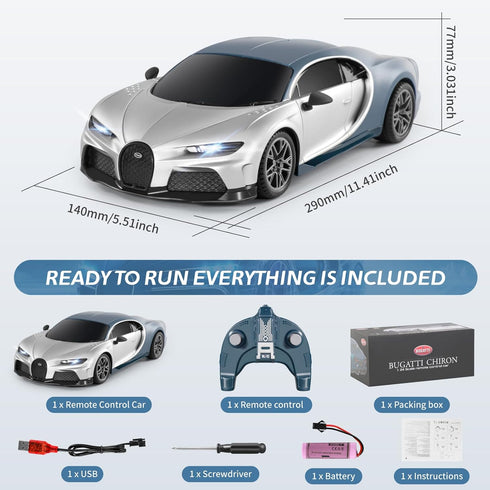 MIEBELY Remote Control Car, 1/24 Scale Fast RC Race Car, Bugatti Chiron with Headlight, Racing Hobby Model for Kids and