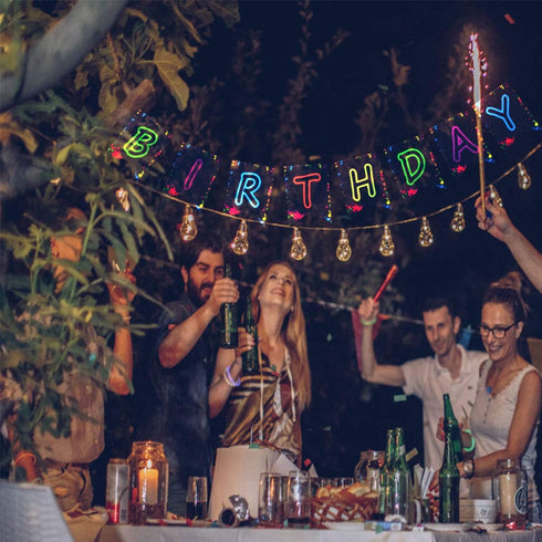 Glow Party Happy Birthday Banner Decoration - Assembled 80s Neon Party Supplies, Glow in the Dark Decorations