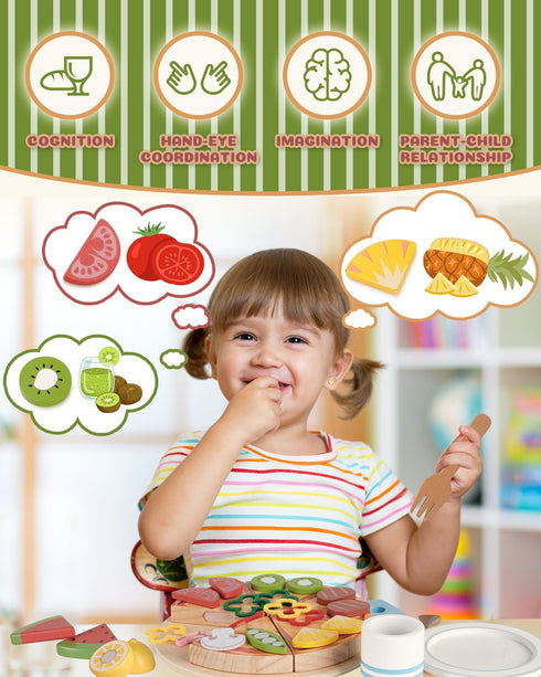 1-3, Playset 3-5, 3 4 5 6 Wooden Pizza Toy, Wooden Food Toys for Toddlers Wooden Play Food with Basket, Pretend Play
