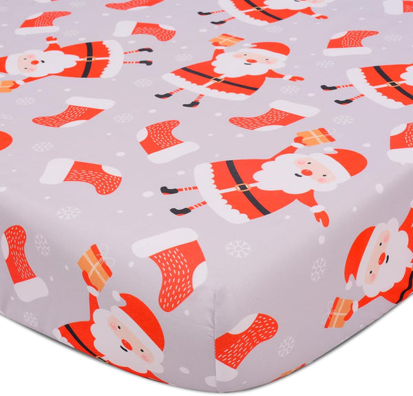 Christmas Crib Sheet, Fitted Crib Sheet with Santa Claus, Christmas Stocking, Snowflake,