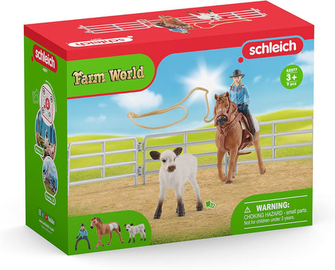 Schleich Farm World Rodeo Roping Playset - Cowgirl Rider Figurine with Cow, Pen, Rope, 9-Piece Toy