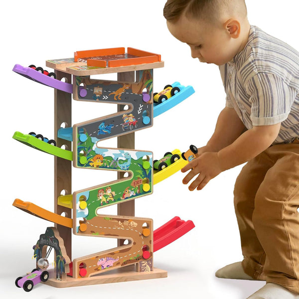 Wooden Race Track Car Ramp Racer Toy for Tollders, Dinosaur Car Ramp