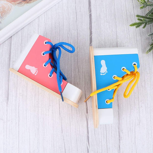 STOBOK 2pcs Wood Lacing Sneaker Tie-Up Shoe Threading Toy Montessori Educational Toys (Blue + Pink)