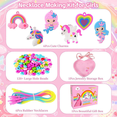 DIZRNOI Jewelry Making Kit for Girls, Unicorn Mermaid Charm Necklace Supplies Beads Set Birthday Toy Gift for Kids Age