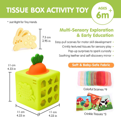 6-12 6 6-in-1 9 hahaland Silicone Baby Tissue Box Toy - Baby Toys Months Montessori Toys for Month Old Babies, Soft