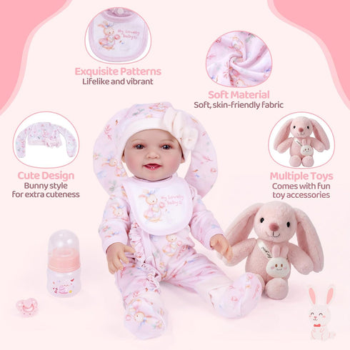 8 Set 12-15 Inch BABESIDE Pcs Baby Doll Clothes with Bassinet for Dolls, Cute Bunny Baby Doll Clothes and Accessories