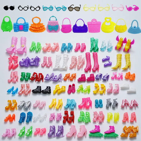 70PCS Doll Accessories, 50 Pairs Doll Shoes, 10 Doll Handbags, 10 Doll Glasses, Fashion Playset for 11.5 Inch Girl Doll