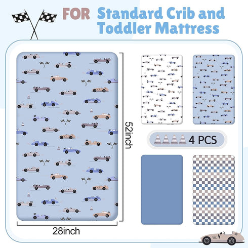 4 Pack 52" 28" Set, SmoothNovelty Race Car Crib Fitted Sheet for Boys Girls - x Fitted Baby Sheet with Cars and Gingham