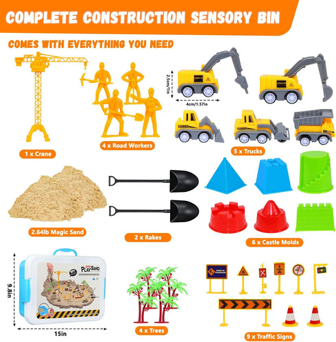 2.2lbs 5 3 4 5 6 7 8+ Construction Sensory Bin with Lid, Magic Sand & Construction Trucks, Sensory Sand Kit