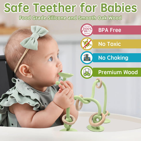 12 18 Baby Sensory High Chair Suction Toys for Infant Toddlers Months, Food Grade Silicone String with Oak Loop