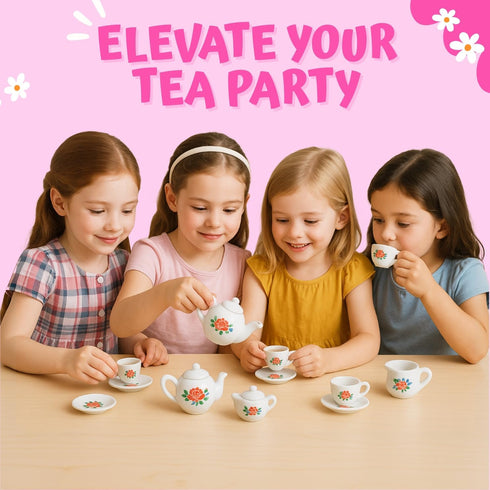 17 Set Playset, Pieces Floral Miniature Porcelain Ceramic Tea - Pretend Play Kids Toy Mini Kitchen Fun Doll Dramatic