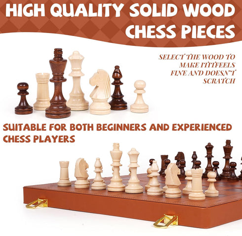 GenJuw 15 Inch Set 2 Magnetic Chess with Leather Chess Board & Handle Portable Travel Chess Game with Wooden Pieces
