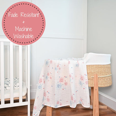 Swaddle Blanket, 100% Cotton Muslin, Soft Baby Blanket 47 x 47 inches, 4th of July Outfit, Fireworks Print