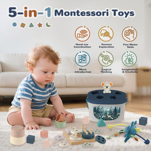 6-12 6-12-18 6-24 Montessori Toys for Months, Baby Toys Months with Baby Blocks Cup Toys, Pull String Toys, Shape