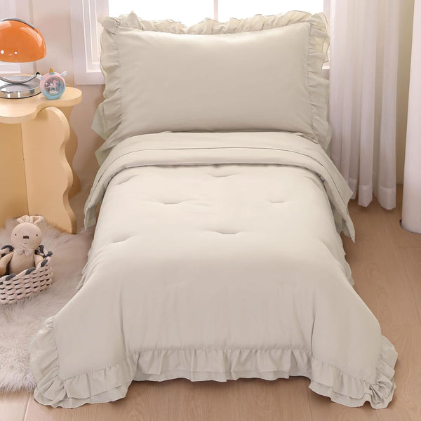 Wowelife Toddler Comforter Set for Girls, Pale Beige Toddler Bedding Set, 4