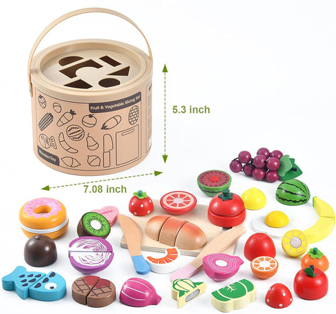 WHOHOLL Wooden Play Food for Kids Kitchen Playset - Montessori Pretend Cutting Food Toys for 2+ Year Old