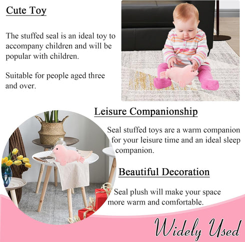 Seal Plush Stuffed Animal - Pink Cute Seal Toy Pillow, Kawaii Doll for Kids, 9 Inch