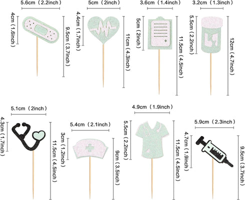 24Pcs Glitter Green Nurse Cupcake Toppers Nurse Tools Cupcake Picks for Nursing School Graduation Cupcake Decors