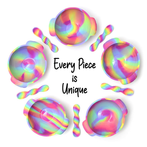 Unbreakable Silicone Non-Slip Bowl and Chew Spoon Set for Babies and Toddlers (Rainbow Swirl)
