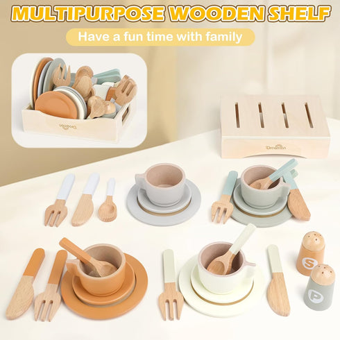 Set, 27 3 4 5 6 Wooden Play Dishes and Plates for Kids Kitchen PCS Wooden Play Kitchen Accessories, Kitchen Toy