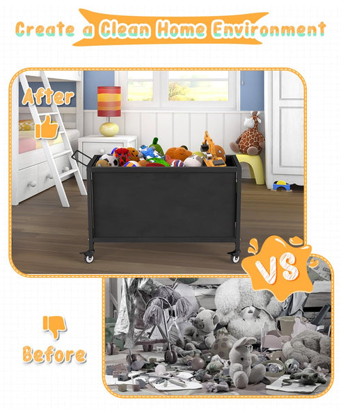 100L Large Kids Toy Box with Wheels, Storage Organizer for Toddlers, Black Toy Storage Bin for Stuffed Animals