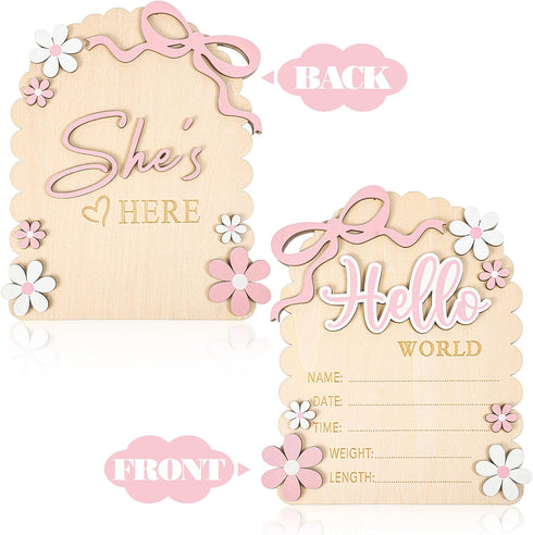 QFGasre 3D Baby Announcement Sign Hello Worlds Newborn Sign Wooden Pink Bows Birth Announcement Signs Shes Here Card